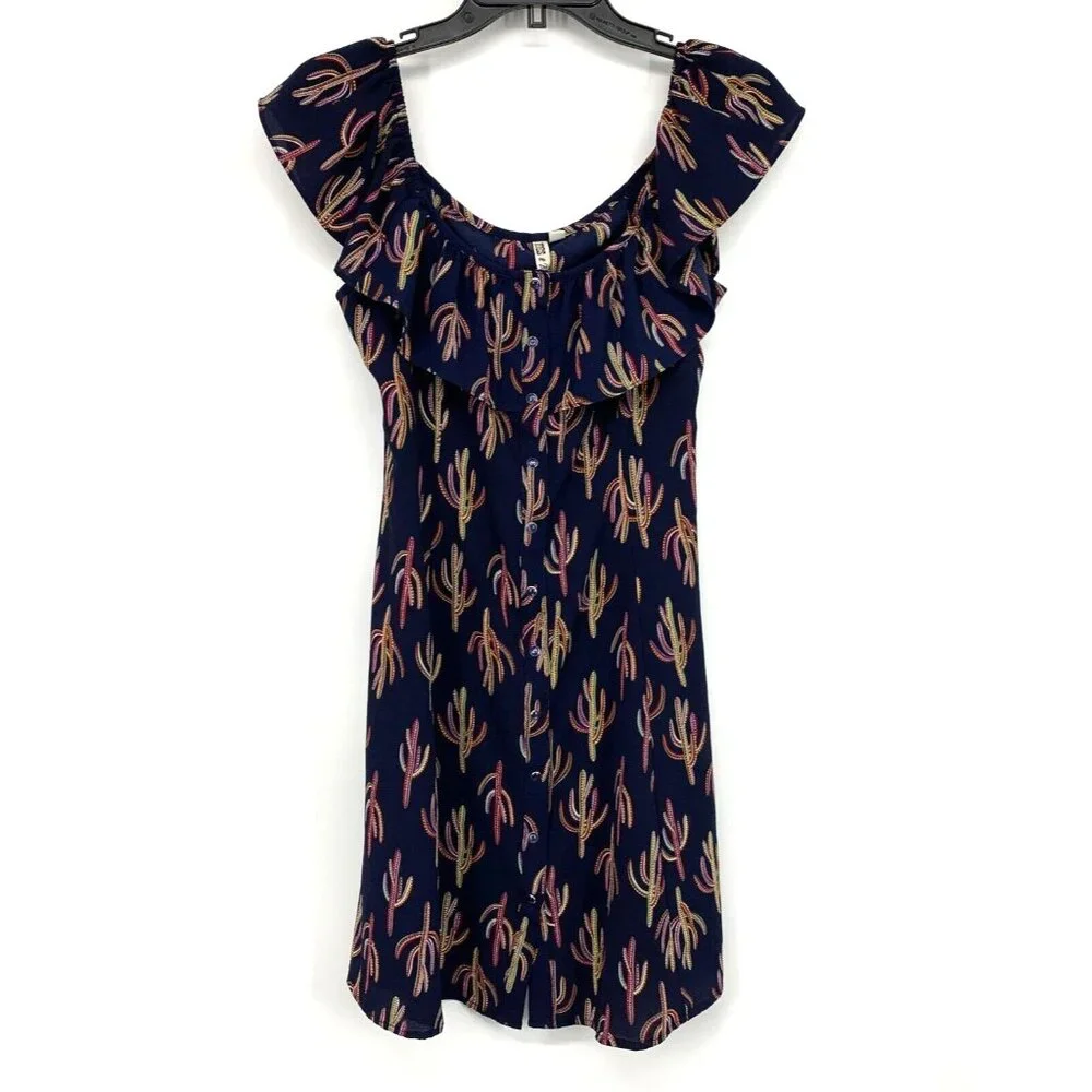 Gypsies & Moondust Dress Navy Blue Cactus Pattern Off Shoulder